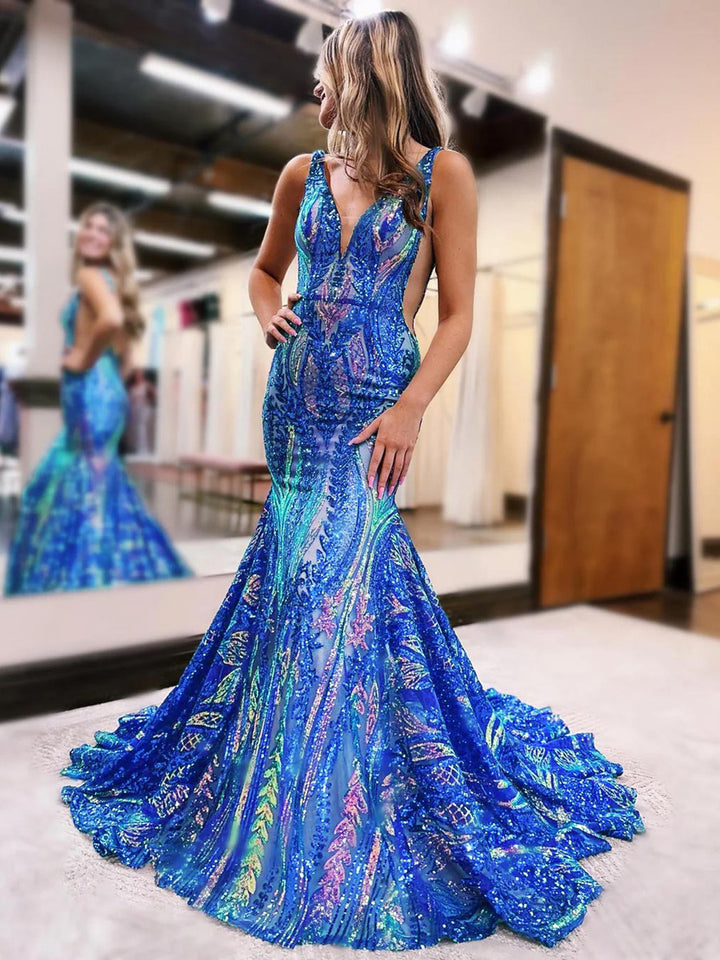 Robe de Bal Longue Sans Manches à Col en V et à Paillettes et Volants, Style Trompette/Sirène