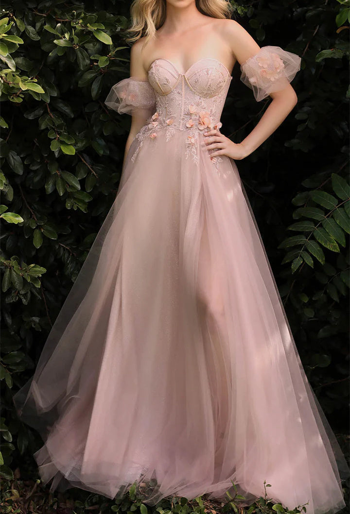 Robe de Bal Longue à Fleurs, Coupe A-Line/Princesse, Décolleté en Cœur, Manches Courtes, Longueur Au Sol, avec Fente Sur le Côté