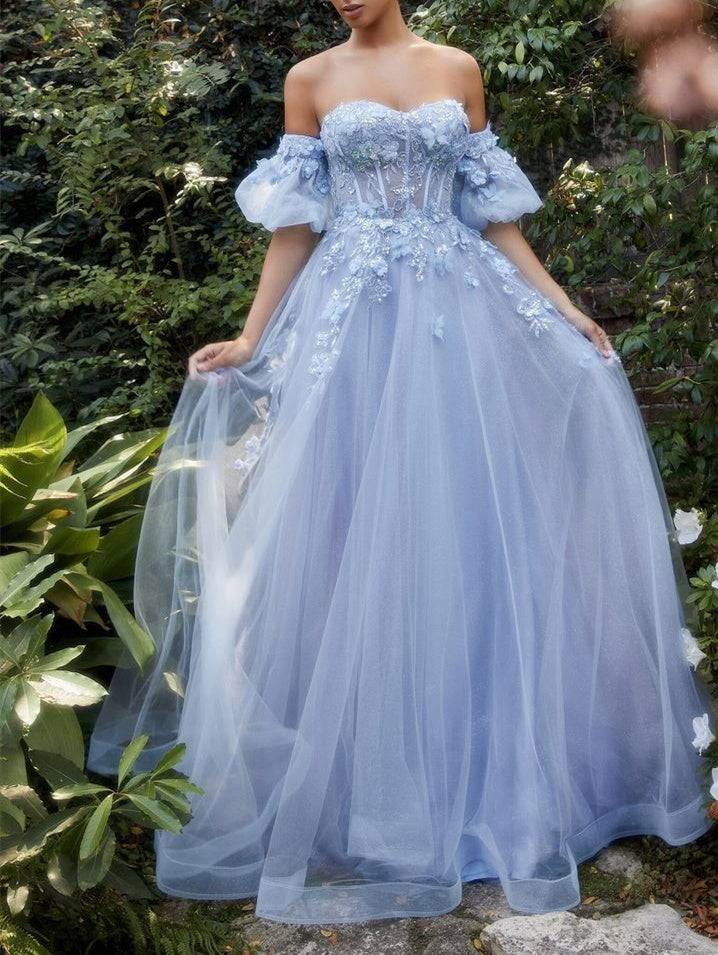 Robe de Bal Longue Trapèze/Princesse à Manches Courtes et Décolleté en Cœur avec Fleurs