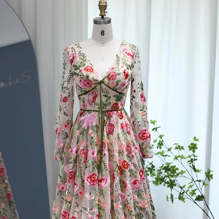 Robe de Soirée Formelle à Fleurs, Coupe A-Line/Princess, Col en V, Manches Longues