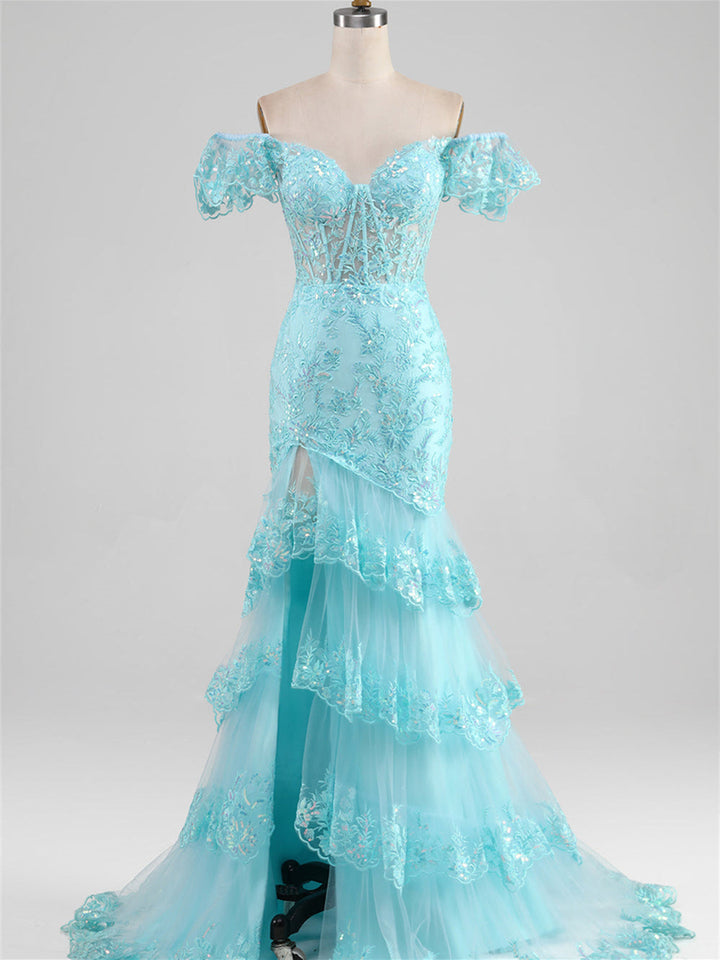 Robe de Soirée Sirène/Trompette à Épaules Dénudées et Longueur Au Sol avec Fente Sur le Côté