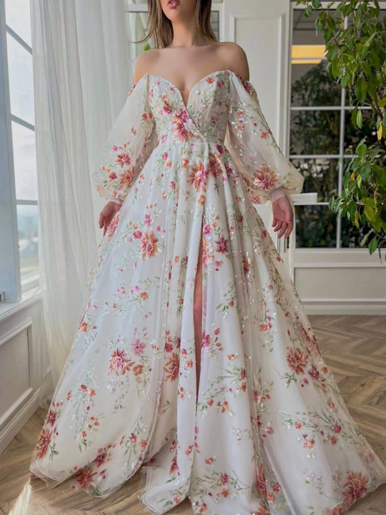 Robe de Bal Trapèze/Princesse à Manches Longues et Col en Cœur avec Broderie