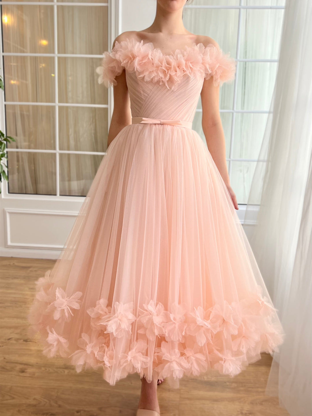 Robe de Bal Trapèze/Princesse à Épaules Dénudées et Longueur Cheville avec Fleurs Brodées
