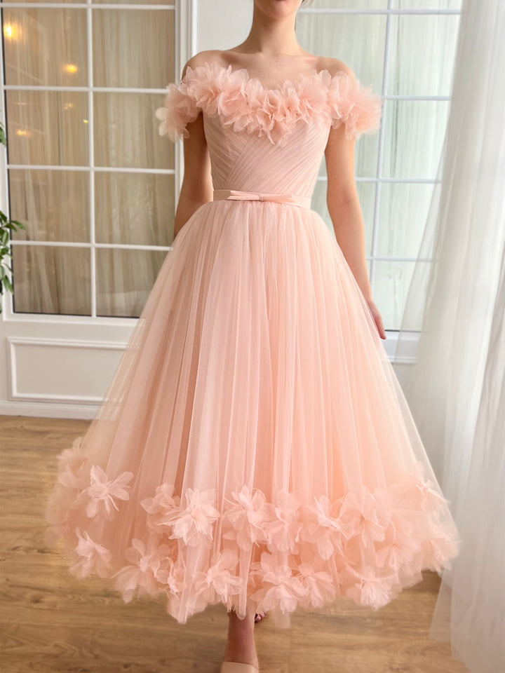 Robe de Bal Trapèze/Princesse à Épaules Dénudées et Longueur Cheville avec Fleurs Brodées