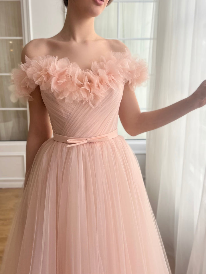 Robe de Bal Trapèze/Princesse à Épaules Dénudées et Longueur Cheville avec Fleurs Brodées