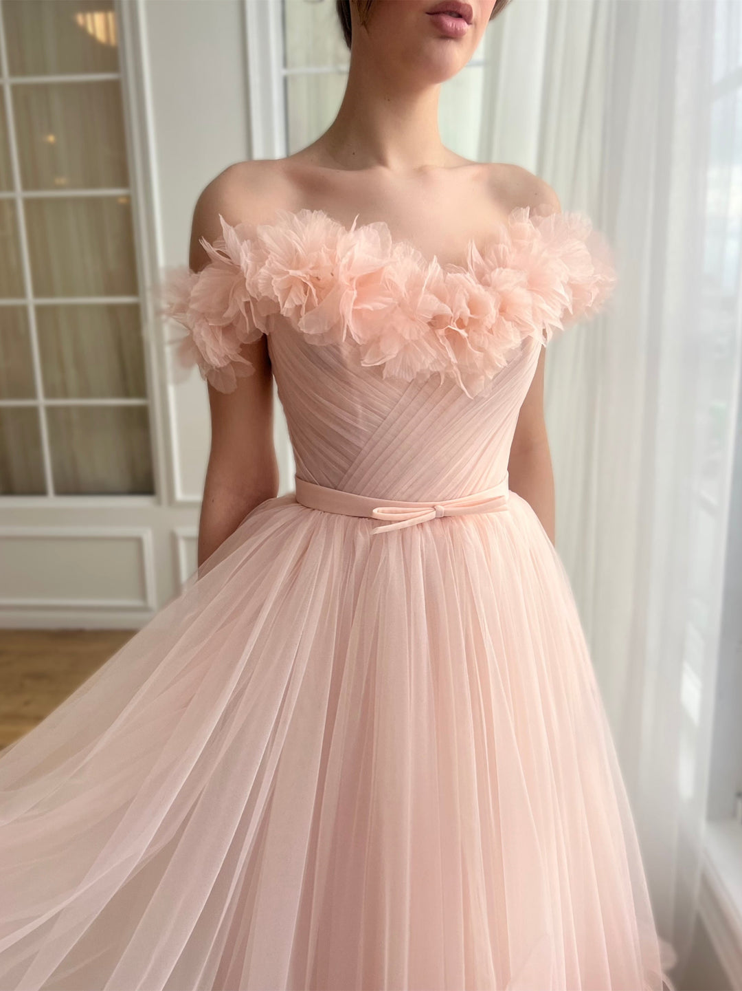 Robe de Bal Trapèze/Princesse à Épaules Dénudées et Longueur Cheville avec Fleurs Brodées