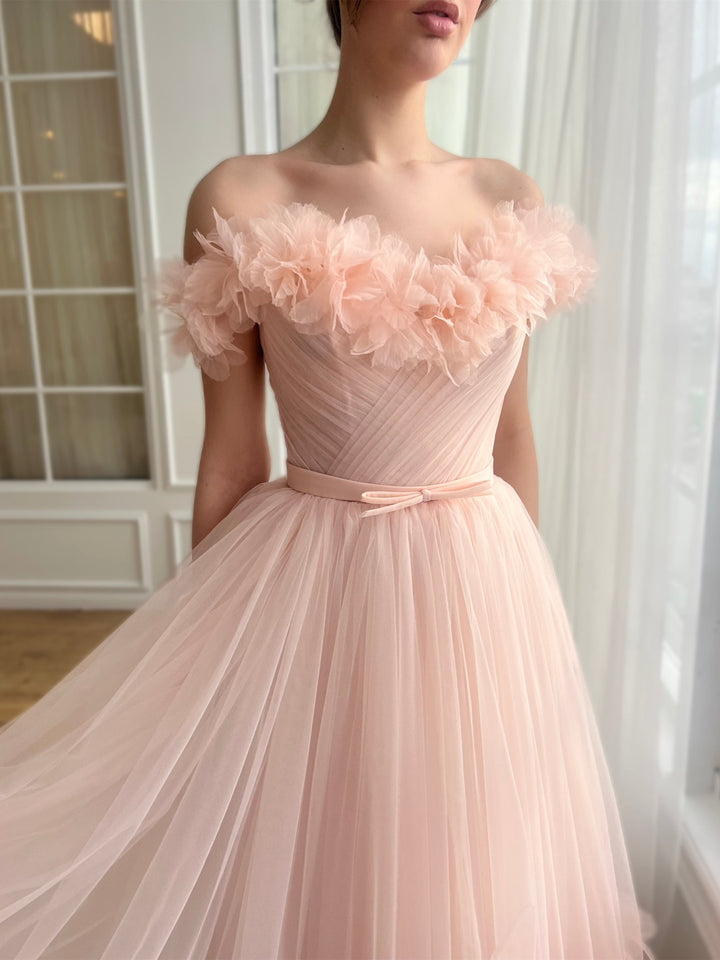Robe de Bal Trapèze/Princesse à Épaules Dénudées et Longueur Cheville avec Fleurs Brodées