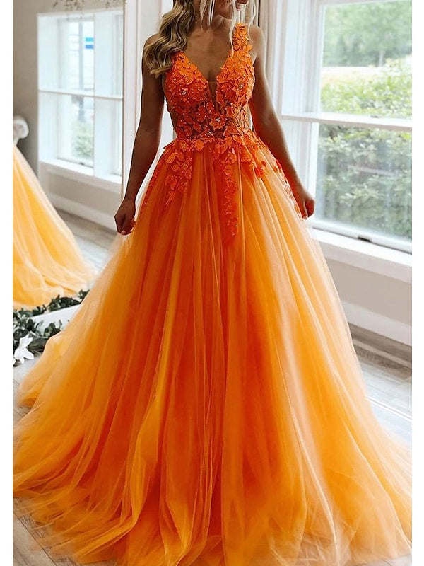 Robe de Bal Trapèze/Princesse à Col en V et Longueur Au Sol avec Plis et Perles