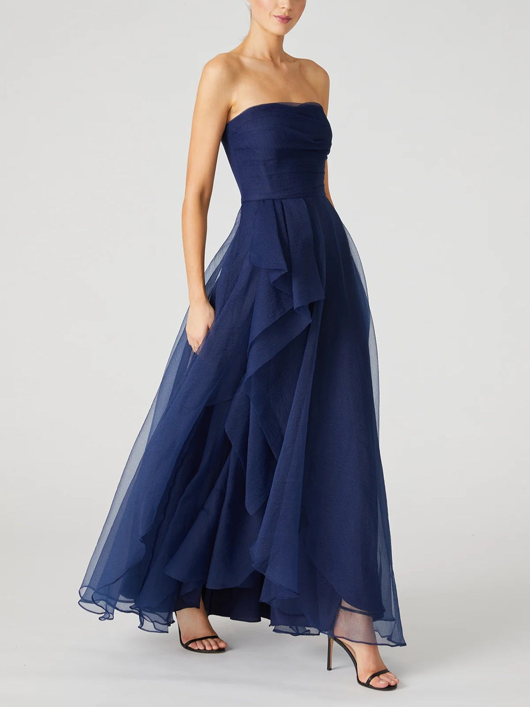 Robe de Soirée Trapèze/Princesse Sans Manches, Longueur Cheville, Sans Bretelles, avec Volants