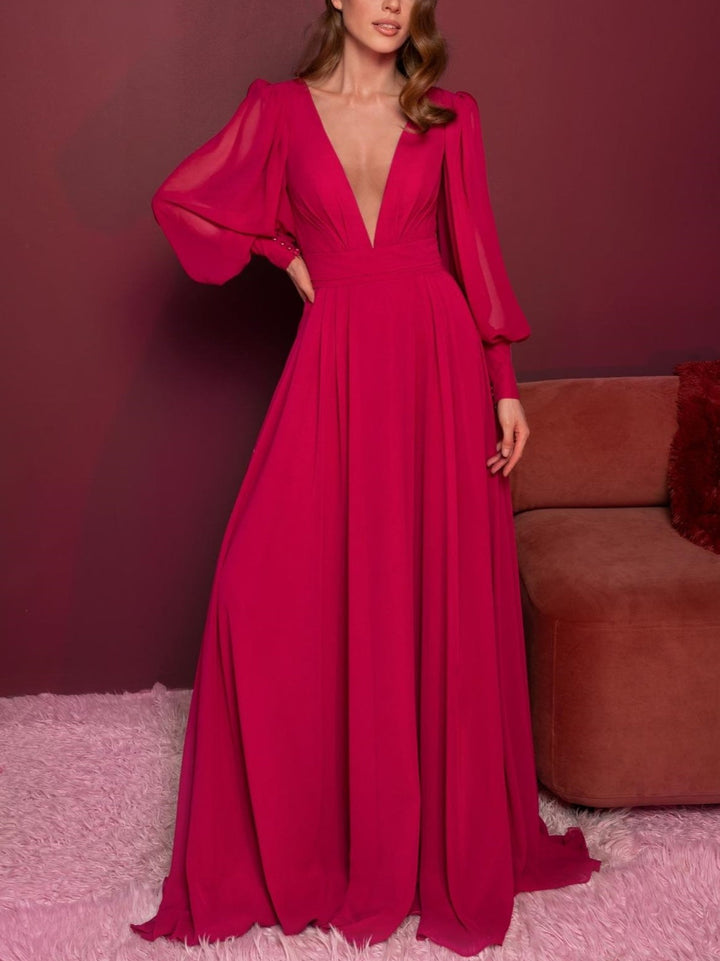 Robe de Soirée Trapèze/Princesse à Col en V et Manches Longues avec Volants