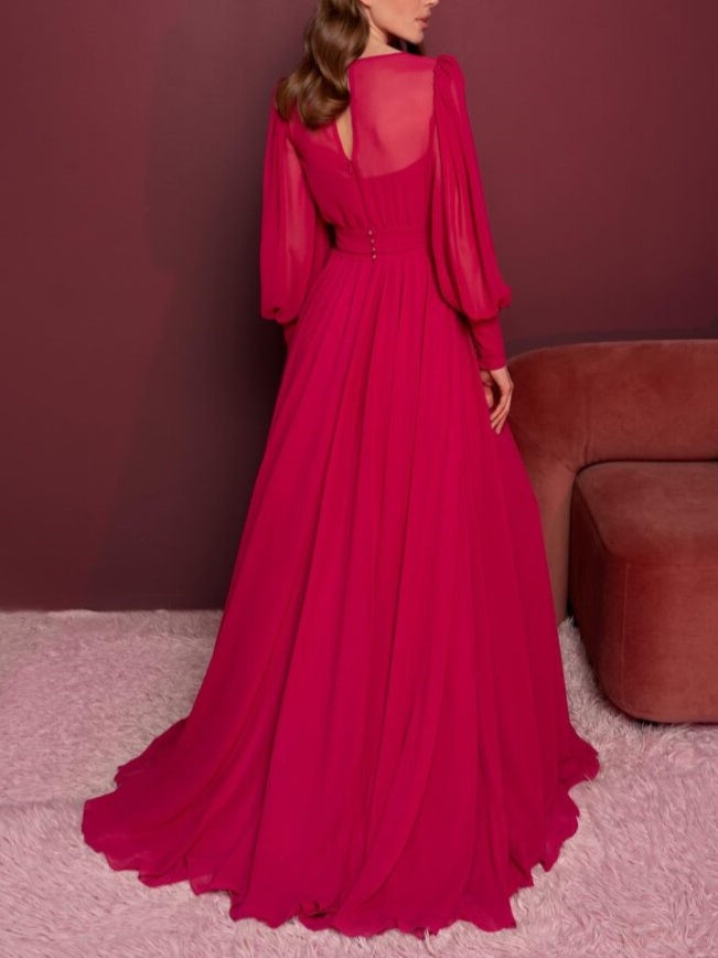 Robe de Soirée Trapèze/Princesse à Col en V et Manches Longues avec Volants