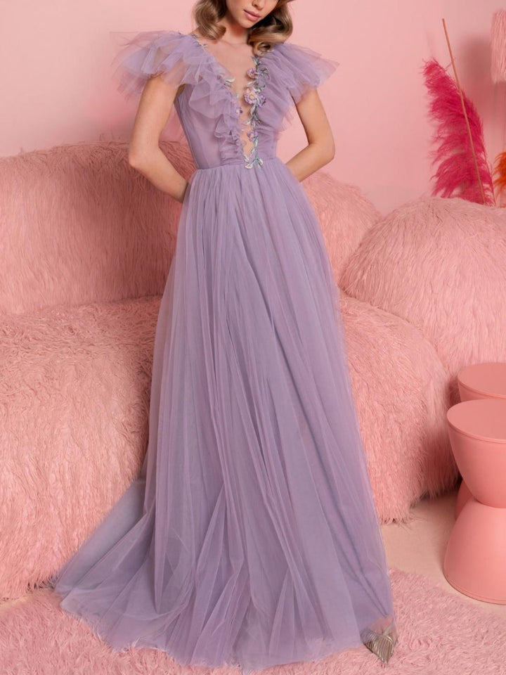 Robe de Soirée Trapèze/Princesse à Col en V et Manches Courtes, Longueur Au Sol, avec Volants