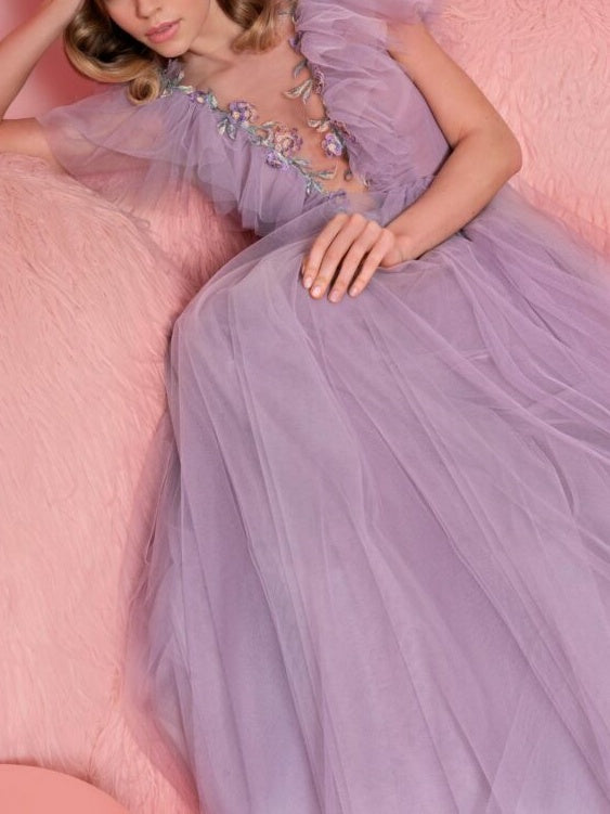 Robe de Soirée Trapèze/Princesse à Col en V et Manches Courtes, Longueur Au Sol, avec Volants