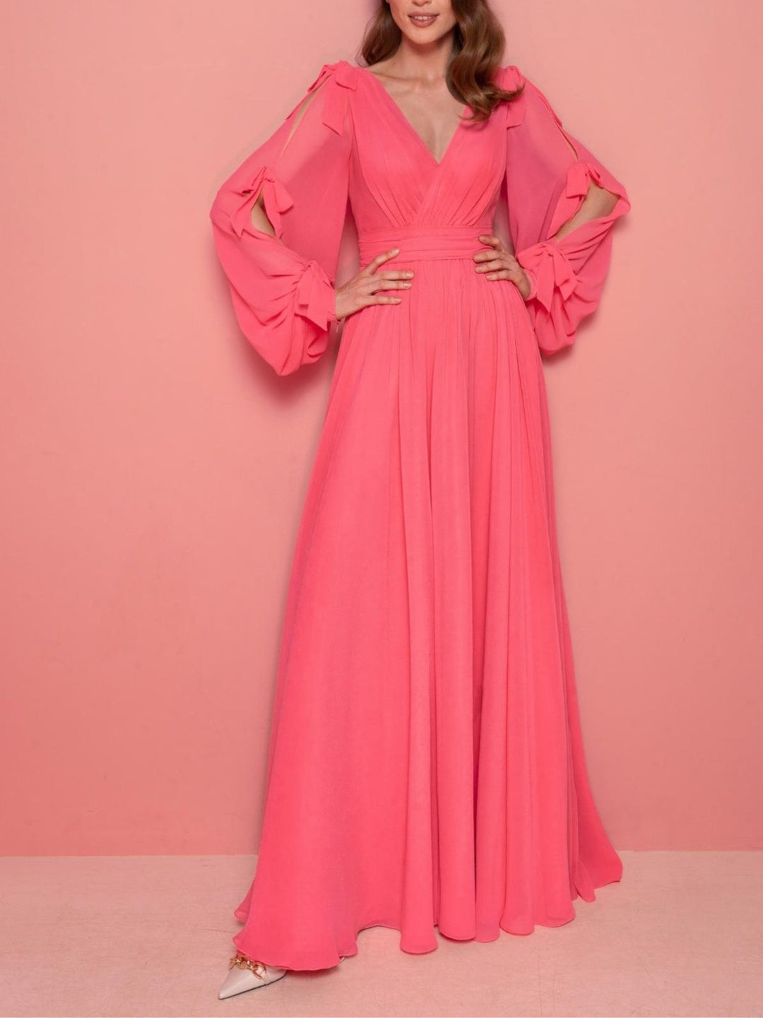 Robe de Soirée Trapèze/Princesse à Col en V et Manches Longues avec Volants