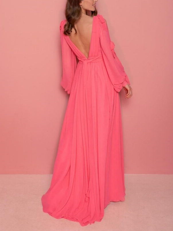 Robe de Soirée Trapèze/Princesse à Col en V et Manches Longues avec Volants