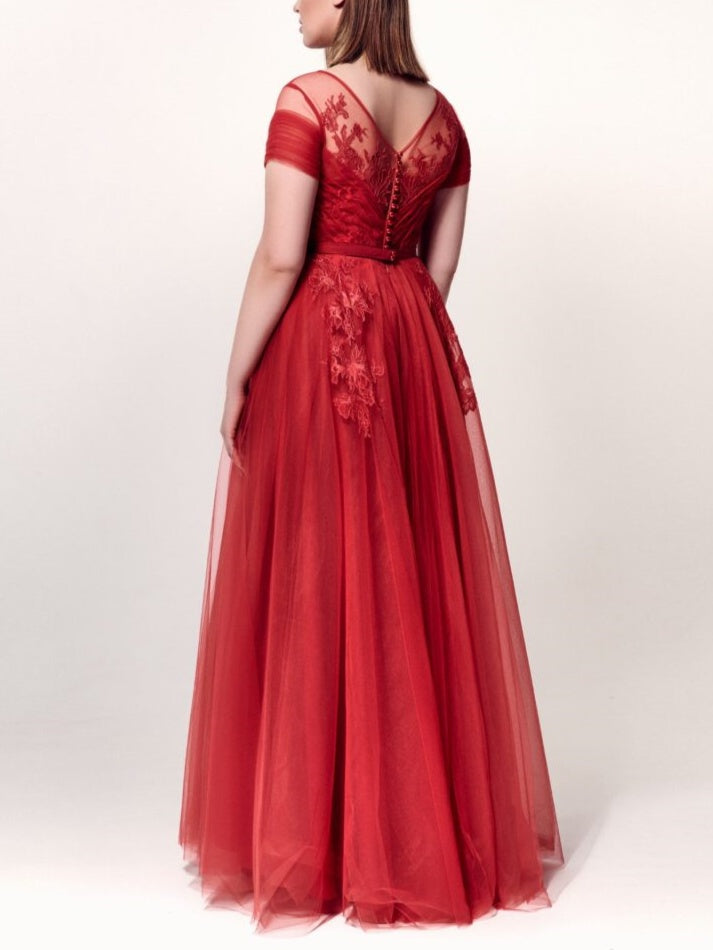 Robe de Soirée Trapèze/Princesse à Col Bijou, Manches Courtes, Longueur Cheville, avec Appliques