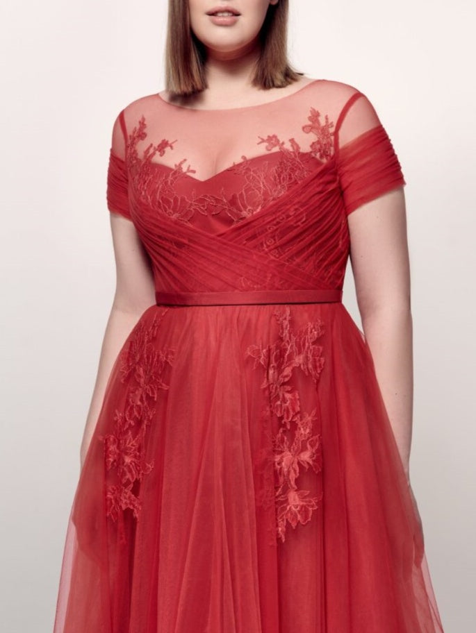 Robe de Soirée Trapèze/Princesse à Col Bijou, Manches Courtes, Longueur Cheville, avec Appliques