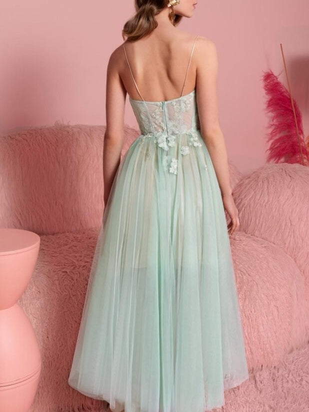 Robe de Cocktail Trapèze/Princesse Sans Manches, Longueur Thé, Sans Bretelles, avec Appliques