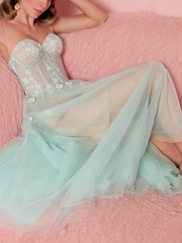 Robe de Cocktail Trapèze/Princesse Sans Manches, Longueur Thé, Sans Bretelles, avec Appliques