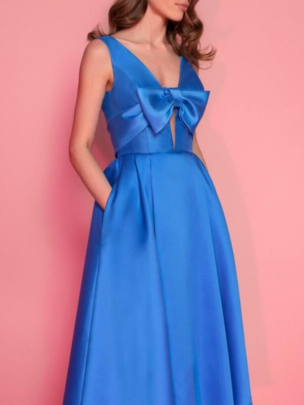 Robe de Cocktail Trapèze/Princesse à Col en V Sans Manches et Longueur Thé avec Nœud