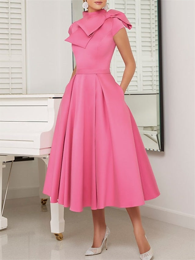 Robe de Cocktail Trapèze/Princesse à Col Haut et Manches Courtes, Longueur Thé