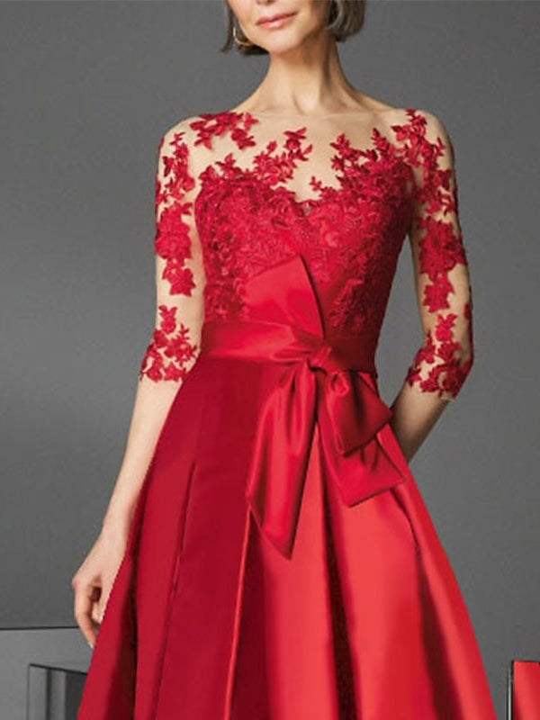 Robe de Cocktail Trapèze/Princesse à Encolure Illusion et Longueur Thé avec Nœud