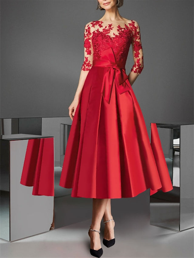 Robe de Cocktail Trapèze/Princesse à Encolure Illusion et Longueur Thé avec Nœud