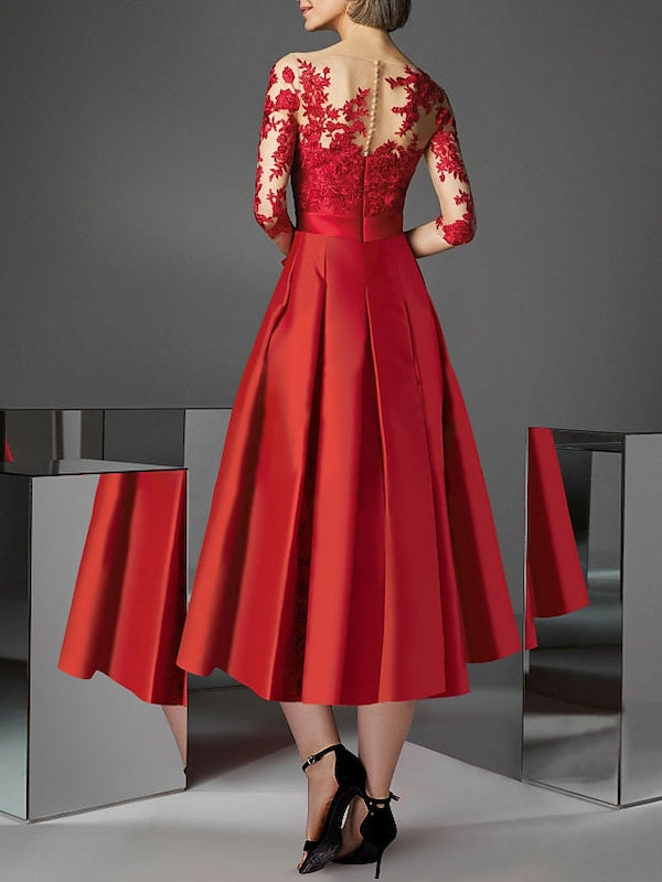 Robe de Cocktail Trapèze/Princesse à Encolure Illusion et Longueur Thé avec Nœud