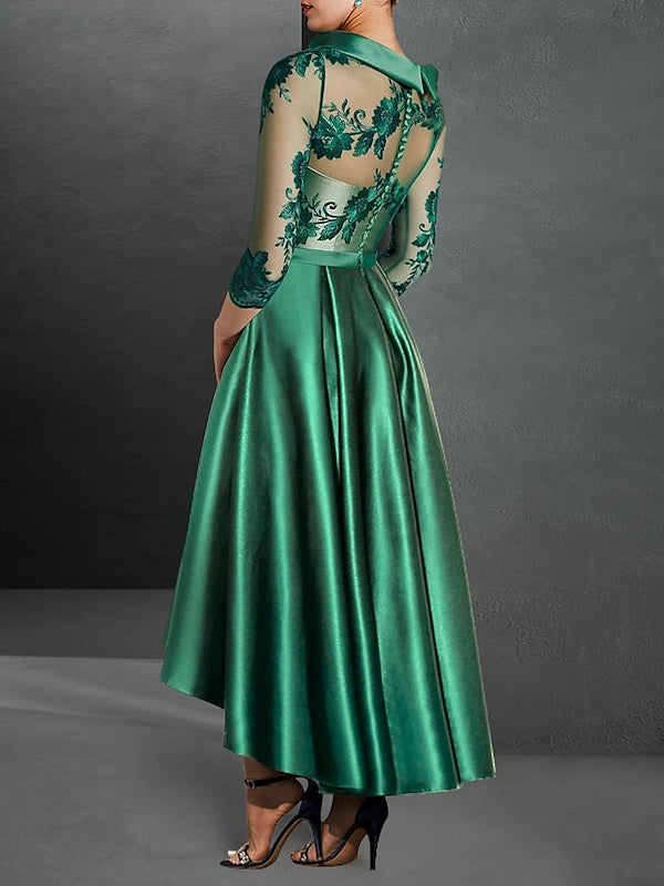 Robe de Cocktail Asymétrique à Manches 3/4 et Col Bijou, Coupe A-Line/Princess