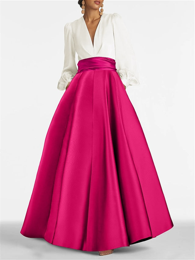 Robe de Soirée Trapèze/Princesse à Col en V et Manches Longues, Longueur Au Sol