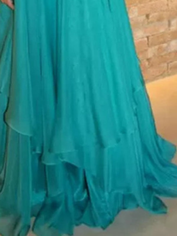 Robe de Soirée Trapèze/Princesse à Col en V Sans Manches et Longueur Au Sol