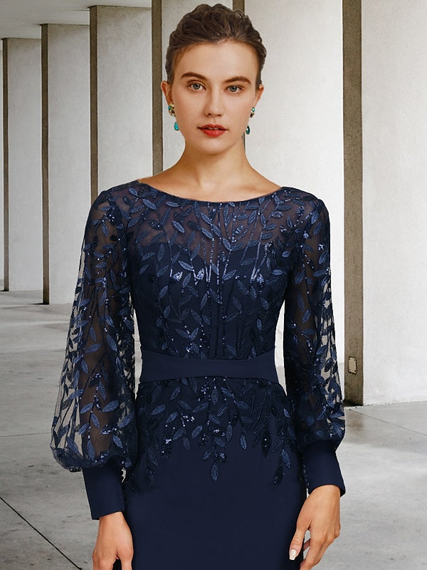 Robe de Mère de la Mariée Sirène/Trompette à Col Rond et Manches Longues, Longueur Au Sol, avec Paillettes