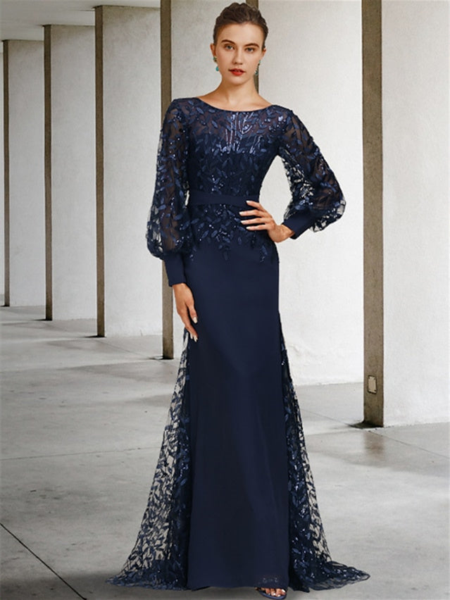 Robe de Mère de la Mariée Sirène/Trompette à Col Rond et Manches Longues, Longueur Au Sol, avec Paillettes