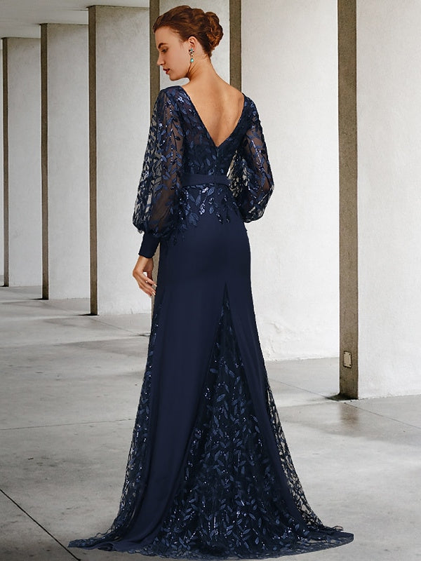 Robe de Mère de la Mariée Sirène/Trompette à Col Rond et Manches Longues, Longueur Au Sol, avec Paillettes