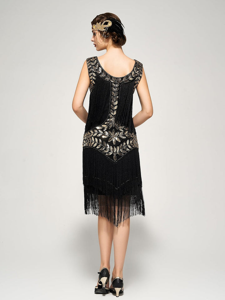 Robe Vintage Trapèze/Princesse Sans Manches, Longueur Genou, avec Franges et Paillettes