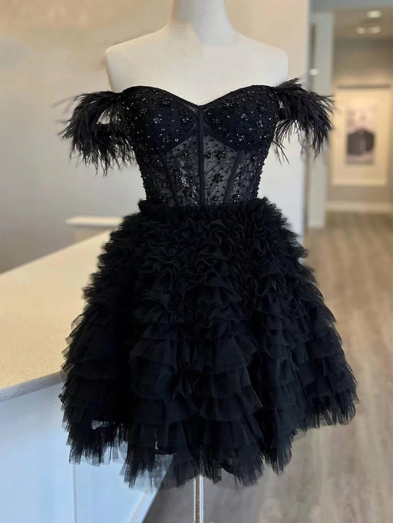 Robe de Soirée Courte/Mini en Forme de A/Princesse, Décolleté en Cœur, Sans Manches, avec Volants et Plumes