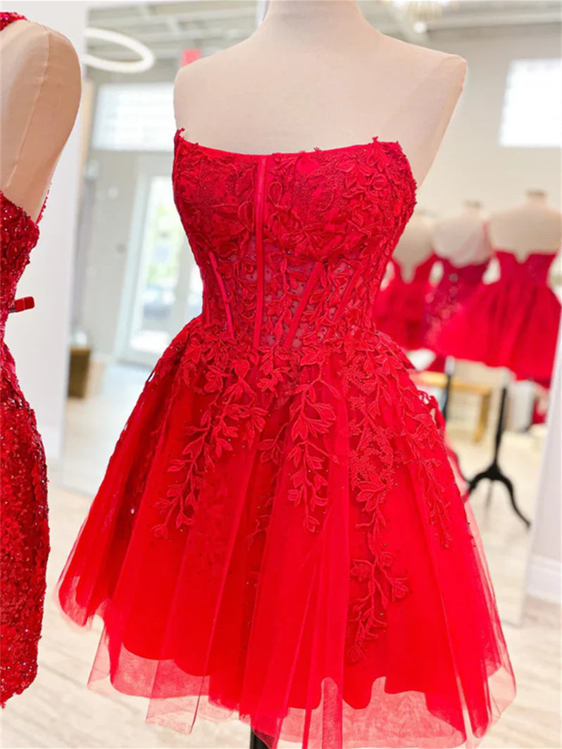 Robe de Soirée Courte/Mini Sans Manches, Coupe A-Line/Princesse, Sans Bretelles, pour Cocktail, Bal, Retour à la Maison, avec Appliques