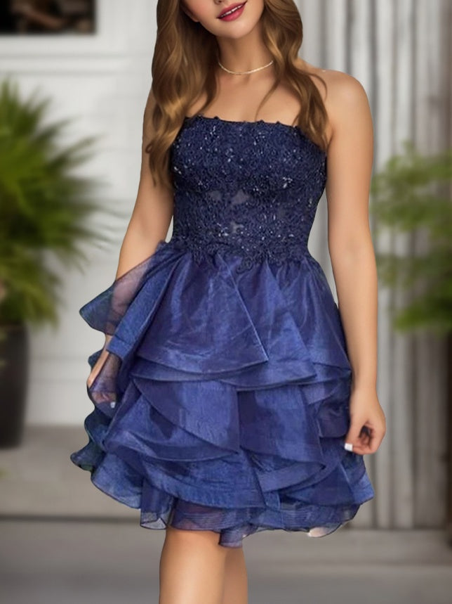Robe de Soirée Courte/Mini Coupe Trapèze/Princesse Droite Sans Manches avec Volants pour Cocktail et Soirée