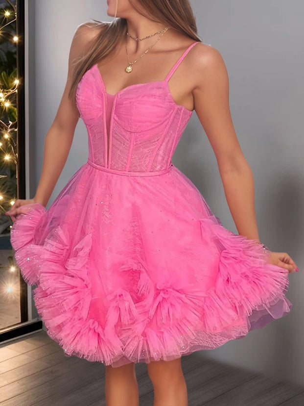 Robe de Soirée Courte/Mini à Bretelles Spaghetti, Coupe A-Line/Princess, Sans Manches, avec Plis et Volants, pour Cocktail, Soirée, Bal