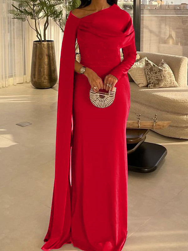 Robe de Bal de la Mère de la Mariée en Satin Soyeux à Manches Longues et Longueur Au Sol