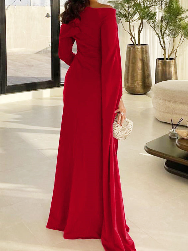 Robe de Bal de la Mère de la Mariée en Satin Soyeux à Manches Longues et Longueur Au Sol