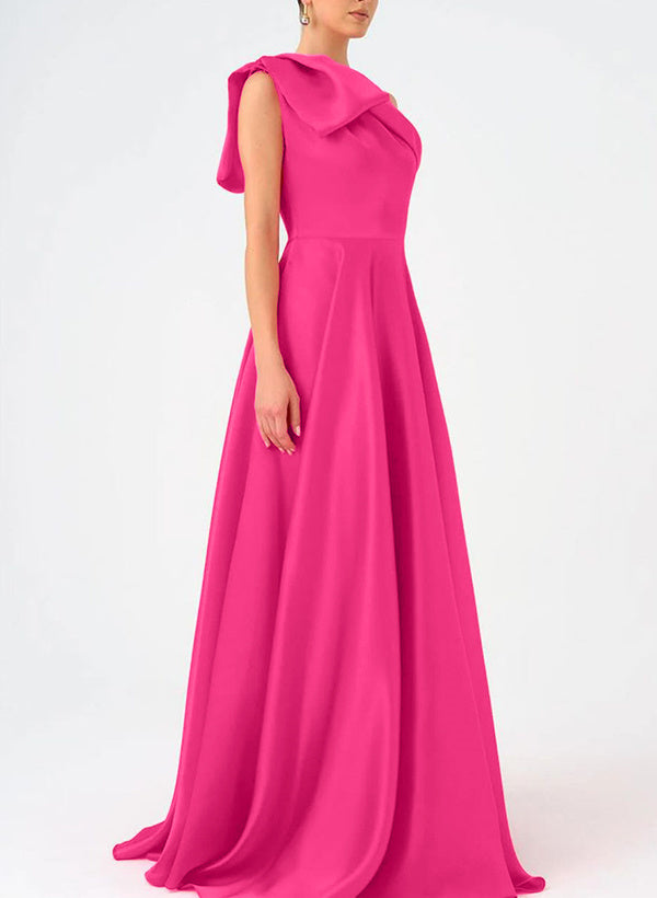 Robe de Bal de la Mère de la Mariée en Satin Sans Manches, Coupe A-Line, Asymétrique, Longueur Au Sol, avec Nœud(S)
