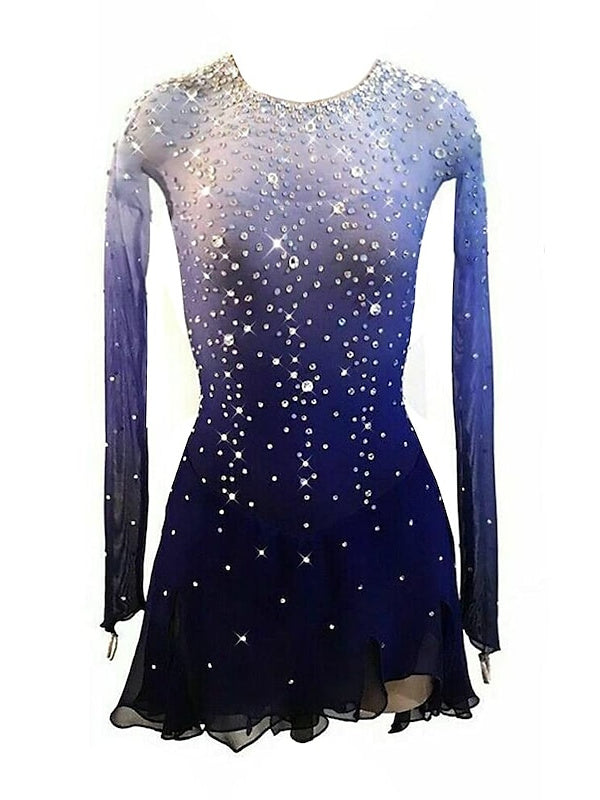 Robe de Patinage Artistique Bleue à Manches Longues pour Femmes et Filles