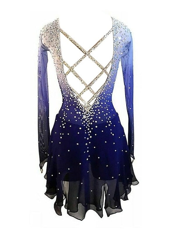 Robe de Patinage Artistique Bleue à Manches Longues pour Femmes et Filles