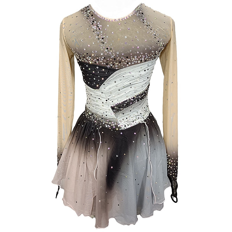 Robe de Patinage Artistique à Manches Longues pour Femmes et Filles, Tenue D'Entraînement Grise pour le Patinage Sur Glace