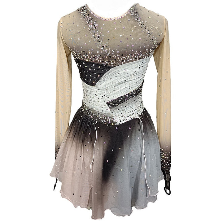 Robe de Patinage Artistique à Manches Longues pour Femmes et Filles, Tenue D'Entraînement Grise pour le Patinage Sur Glace