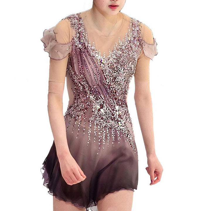 Robe de Patinage Artistique à Manches Courtes pour Femmes et Filles, Tenue D'Entraînement Scintillante pour le Patinage Sur Glace