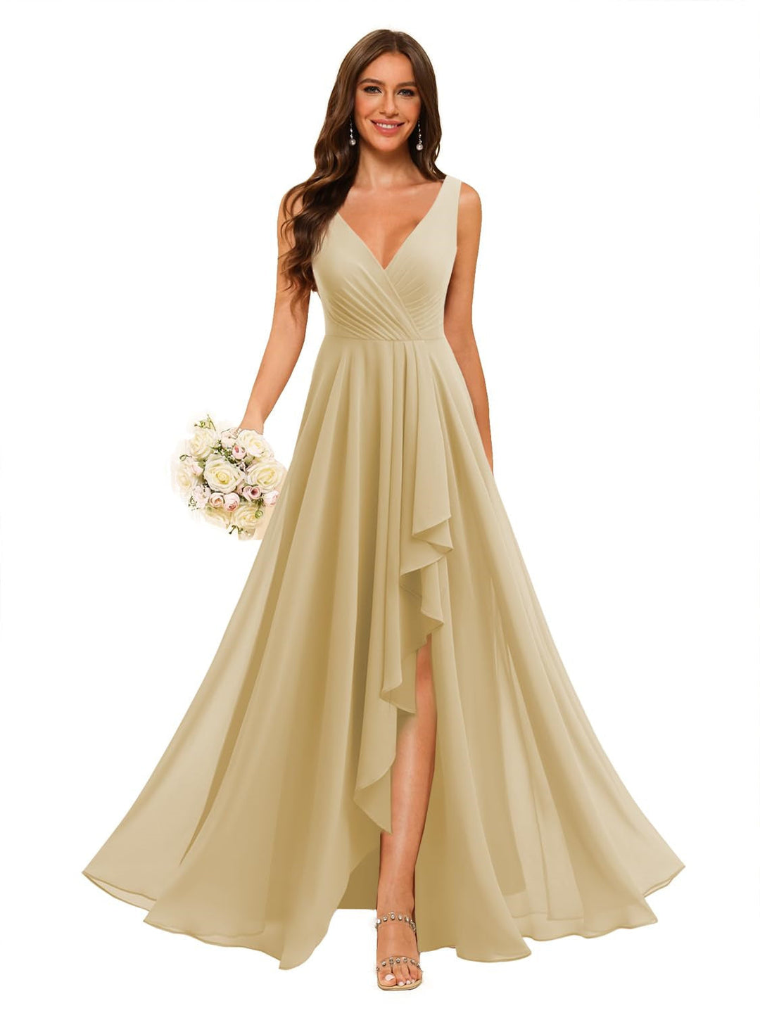 Ligne A/Princesse  Col en V Sans Manches Floor Length  Robes de Demoiselle d'Honneur Mousseline avec Slit Les Poches