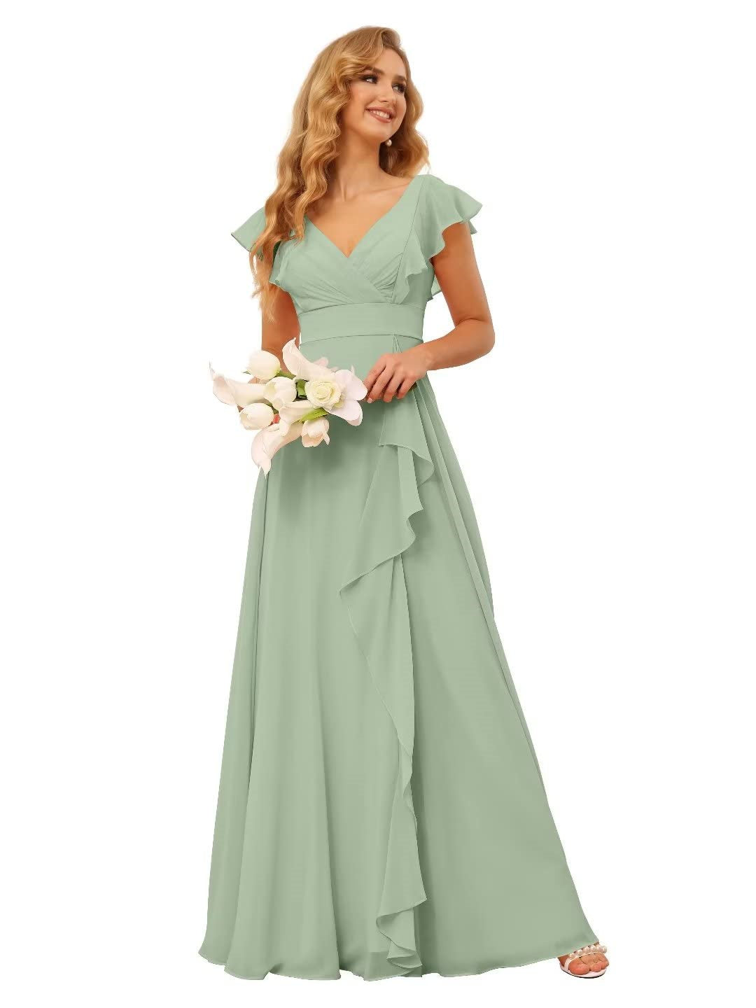 Ligne A/Princesse  Col en V Court Manche Floor Length  Robes de Demoiselle d'Honneur avec Ruffled Split