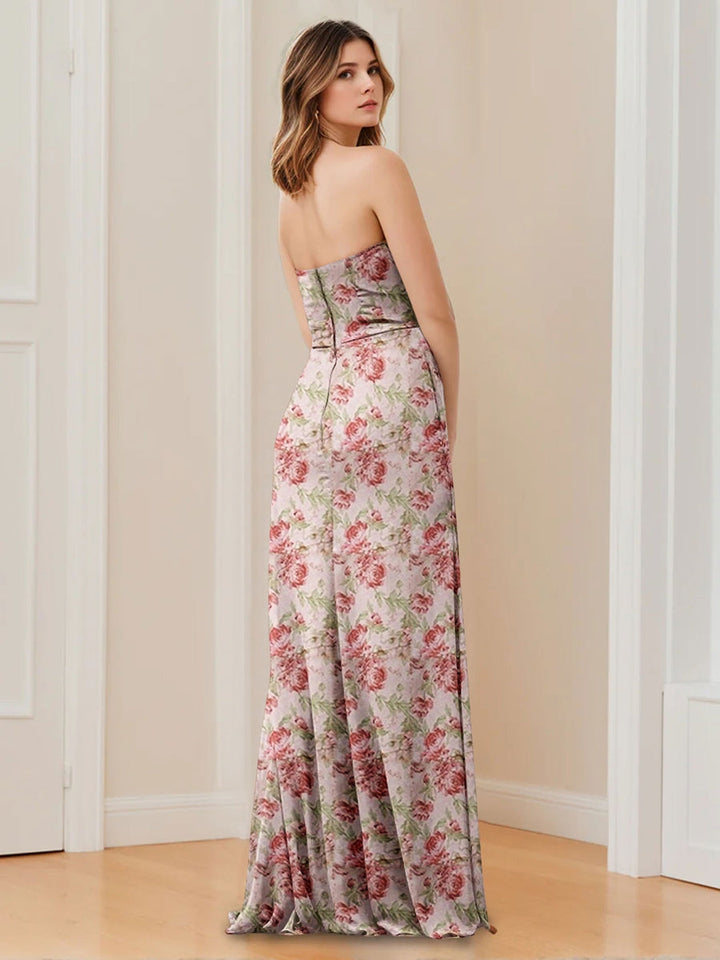 Gaine/Colonne Sans Bretelles Sans Manches La Longueur du Sol Printed Floral Ruché Robes de Demoiselle d'Honneur avec Côté Divisé